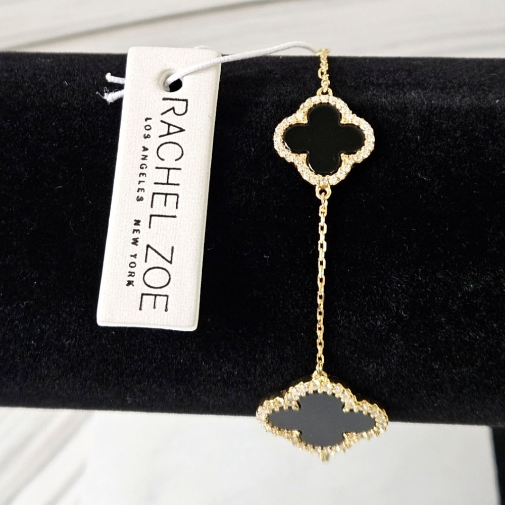 Rachel Zoe Three Clover Bracelet in Onyx and Gold Plated Sterling Silver NWT - Picture 5 of 7